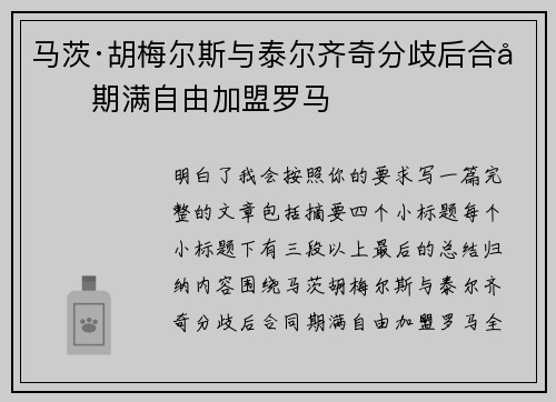 马茨·胡梅尔斯与泰尔齐奇分歧后合同期满自由加盟罗马 马茨·胡梅尔斯与泰尔齐奇分歧后合同期满自由加盟罗马